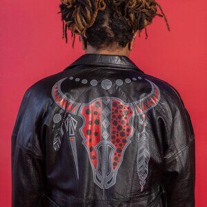 Vintage 90s Leather Jacket by Fantasia, Hand-Painted, Upcycled, Unisex, Size L